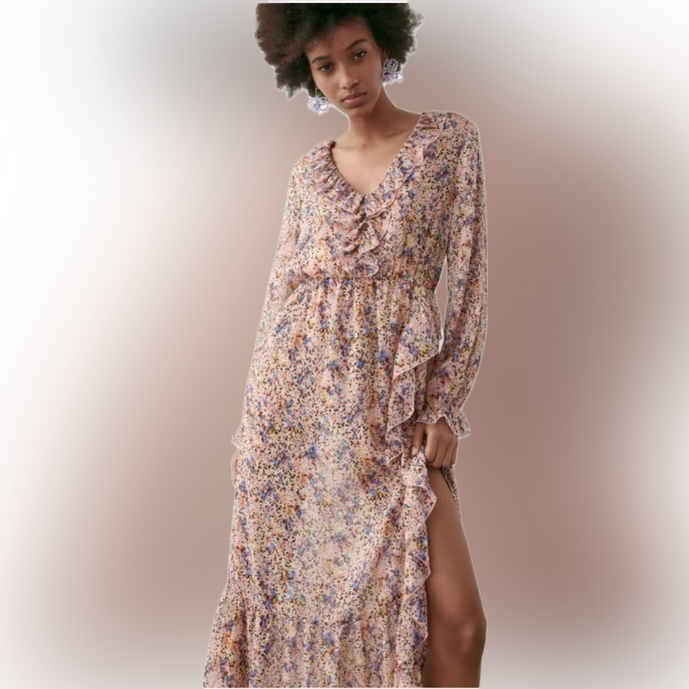 Zara | Romantic floral print chiffon ruffle trim laced up back midi dress